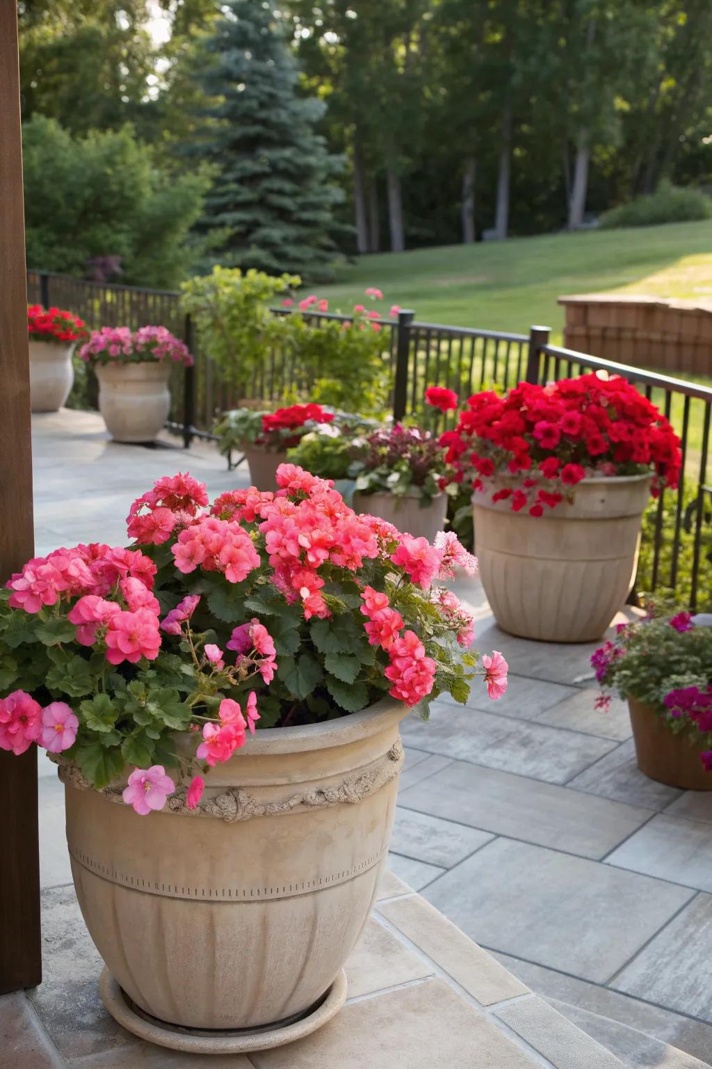 Classic ceramic pots filled with begonias add timeless elegance to any outdoor space.