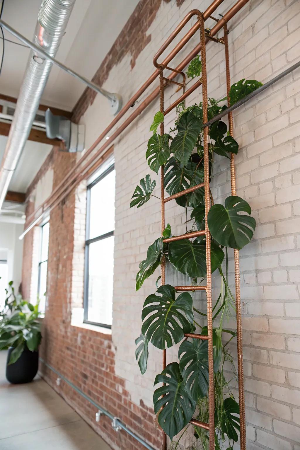 Copper pipes bring an industrial edge to plant styling.