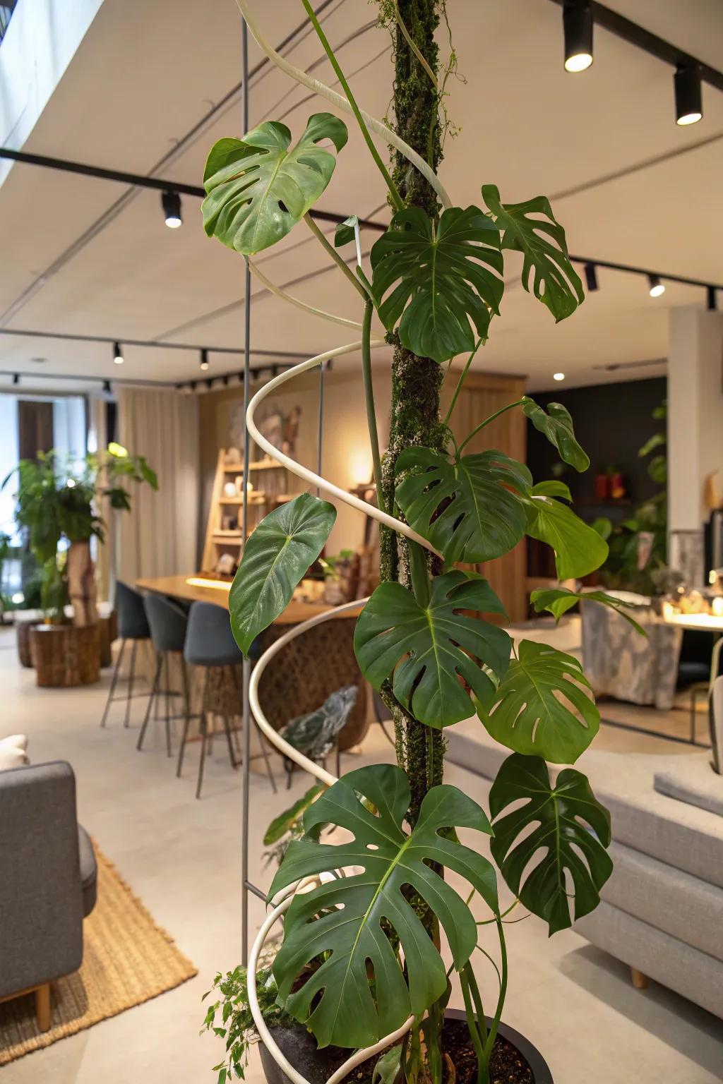 Spiral trellises add dynamic interest to plant displays.