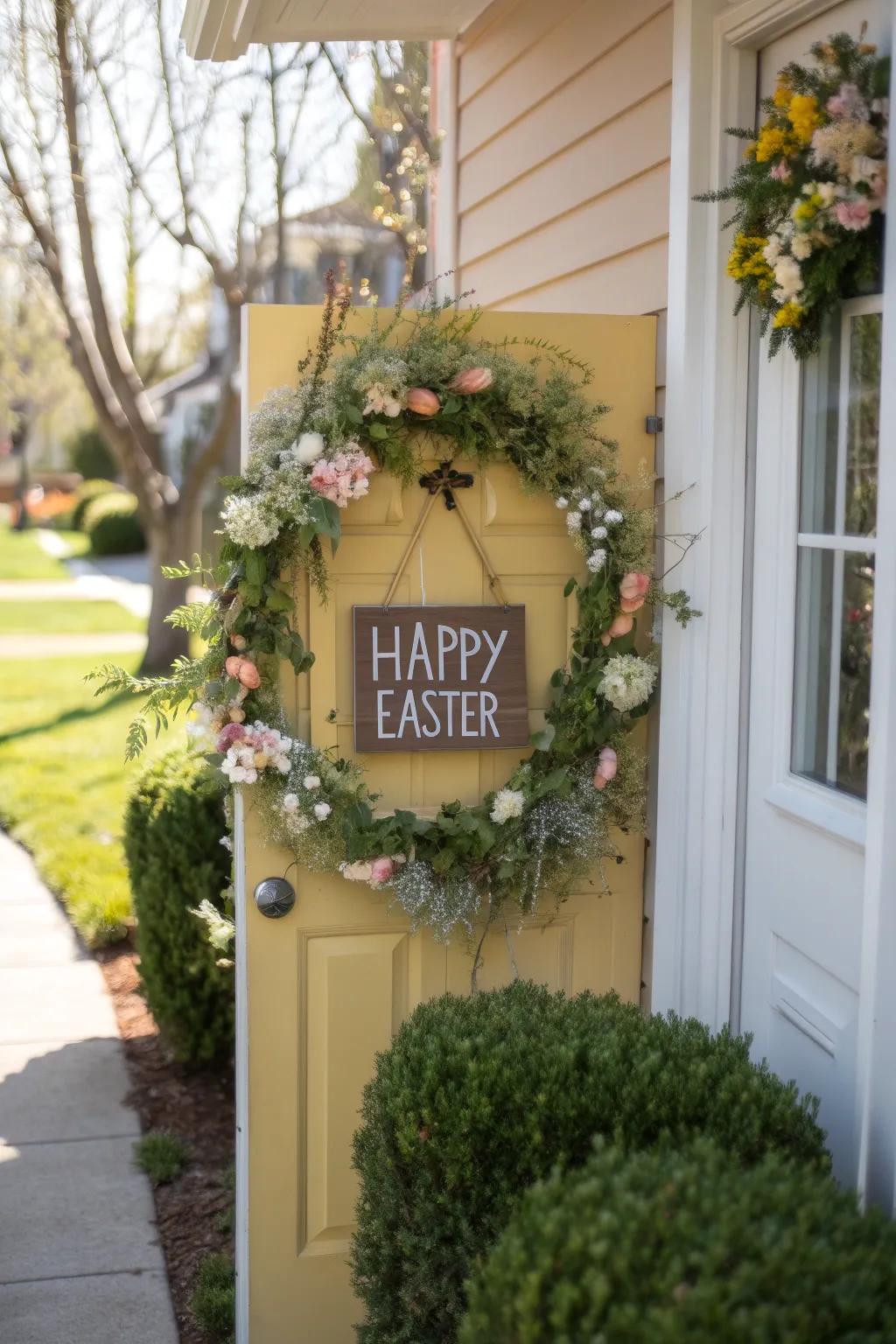 A floral wreath sign adds a welcoming touch to your entryway.