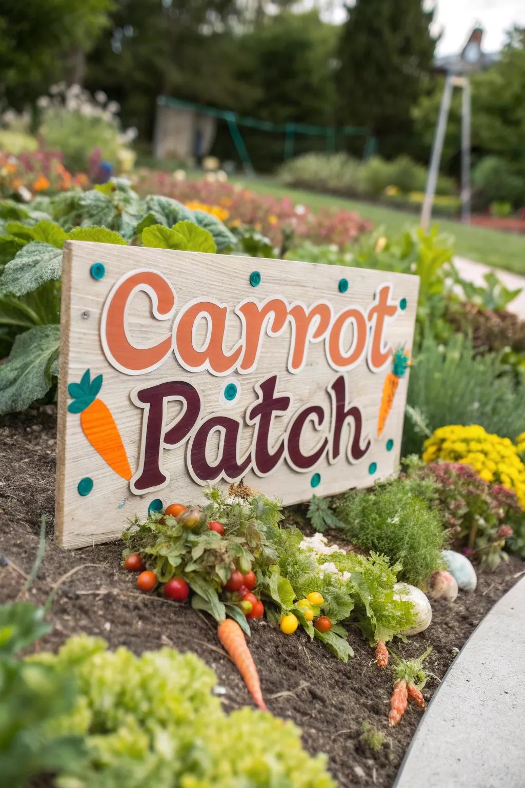 A carrot patch sign adds whimsy to your garden decor.