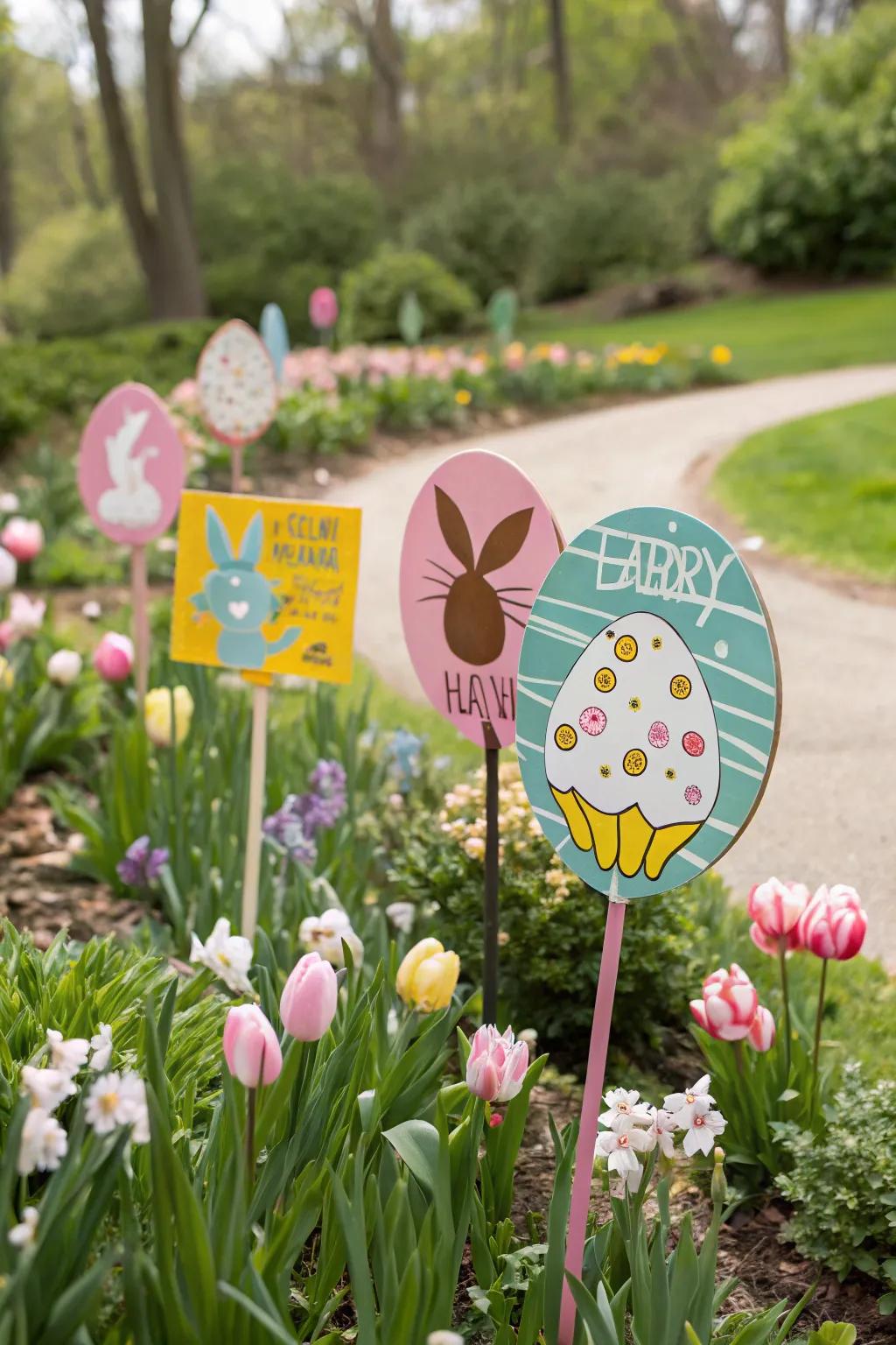 Whimsical stake signs bring joy to your garden.