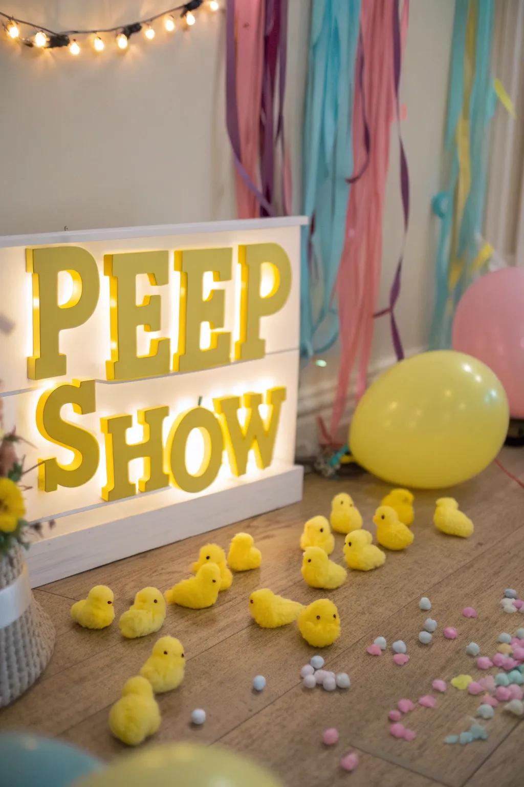 A 'Peep Show' sign adds humor and fun to your Easter decor.