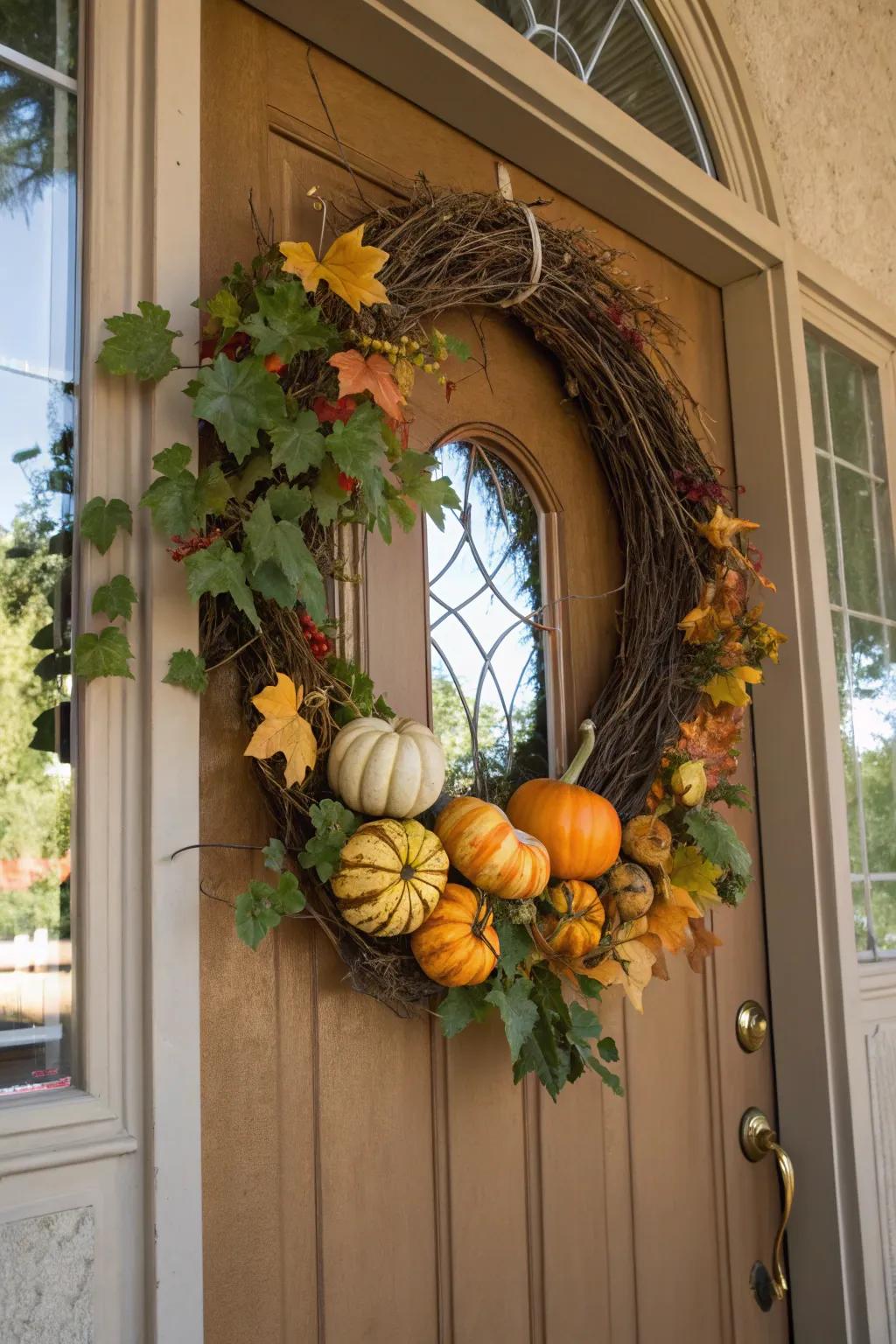 Rustic charm with grapevine and gourds.