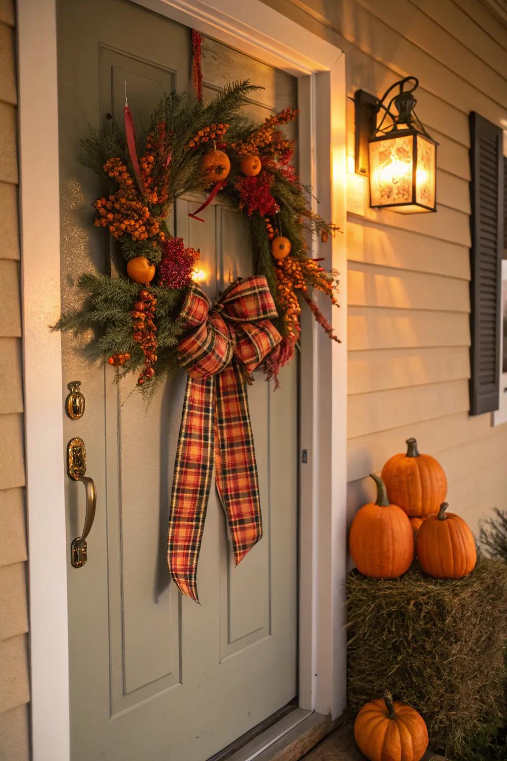 Cozy plaid and pumpkin accents.