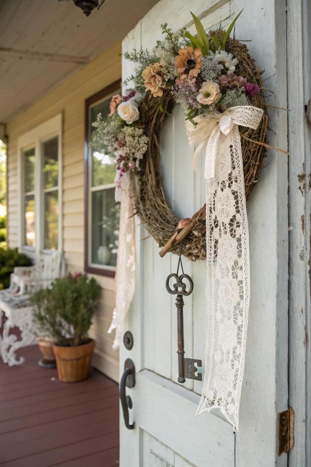 Vintage charm with lace and keys.