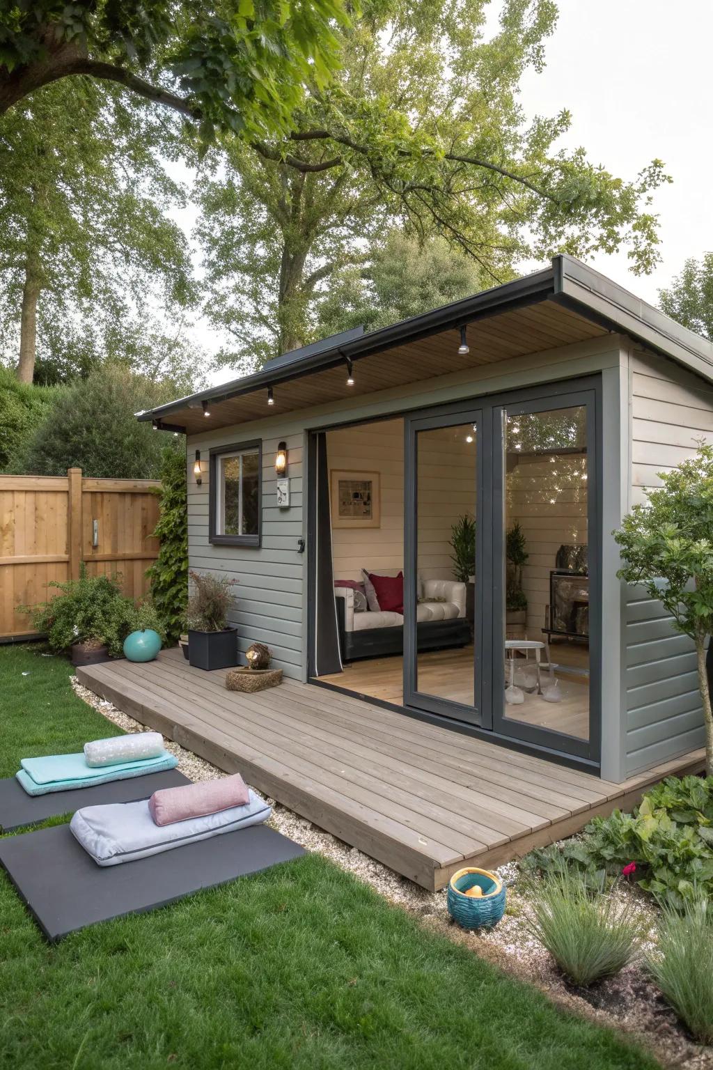 An outdoor oasis with a deck extends your gym shed's functionality.