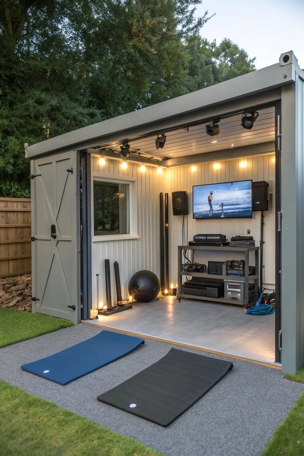 A gym shed with sound and vision to keep you entertained.