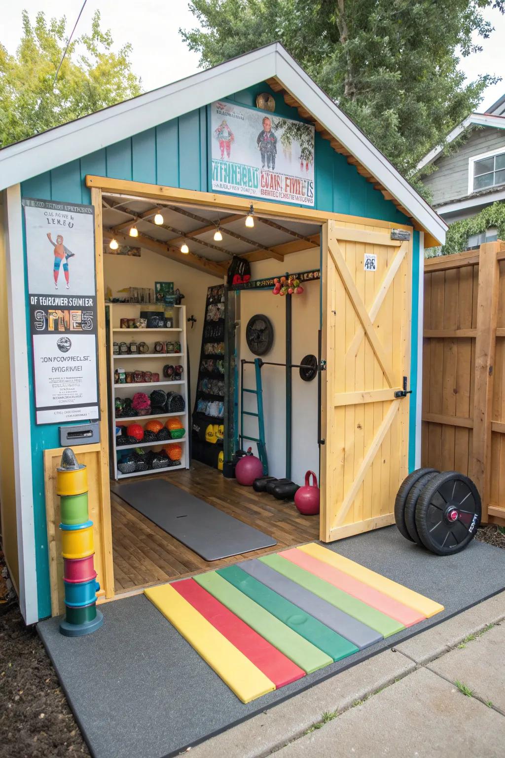 A DIY gym shed bursting with personal flair and creativity.