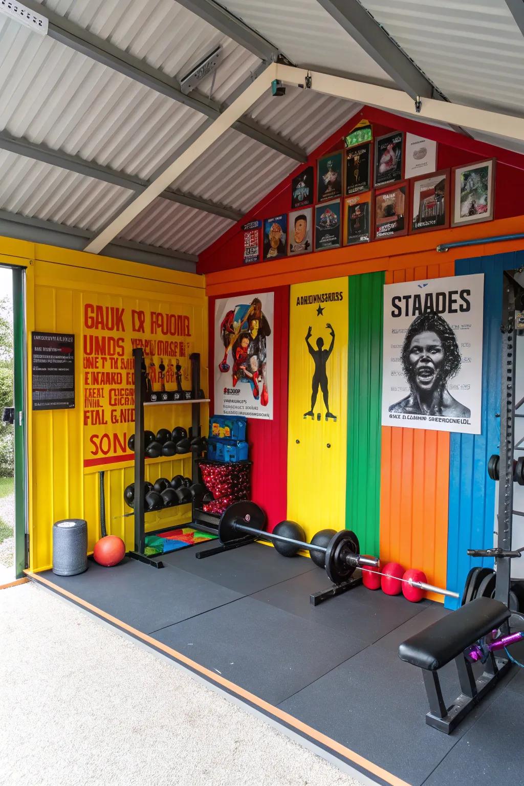 Bold colors bring energy and excitement to your gym shed.