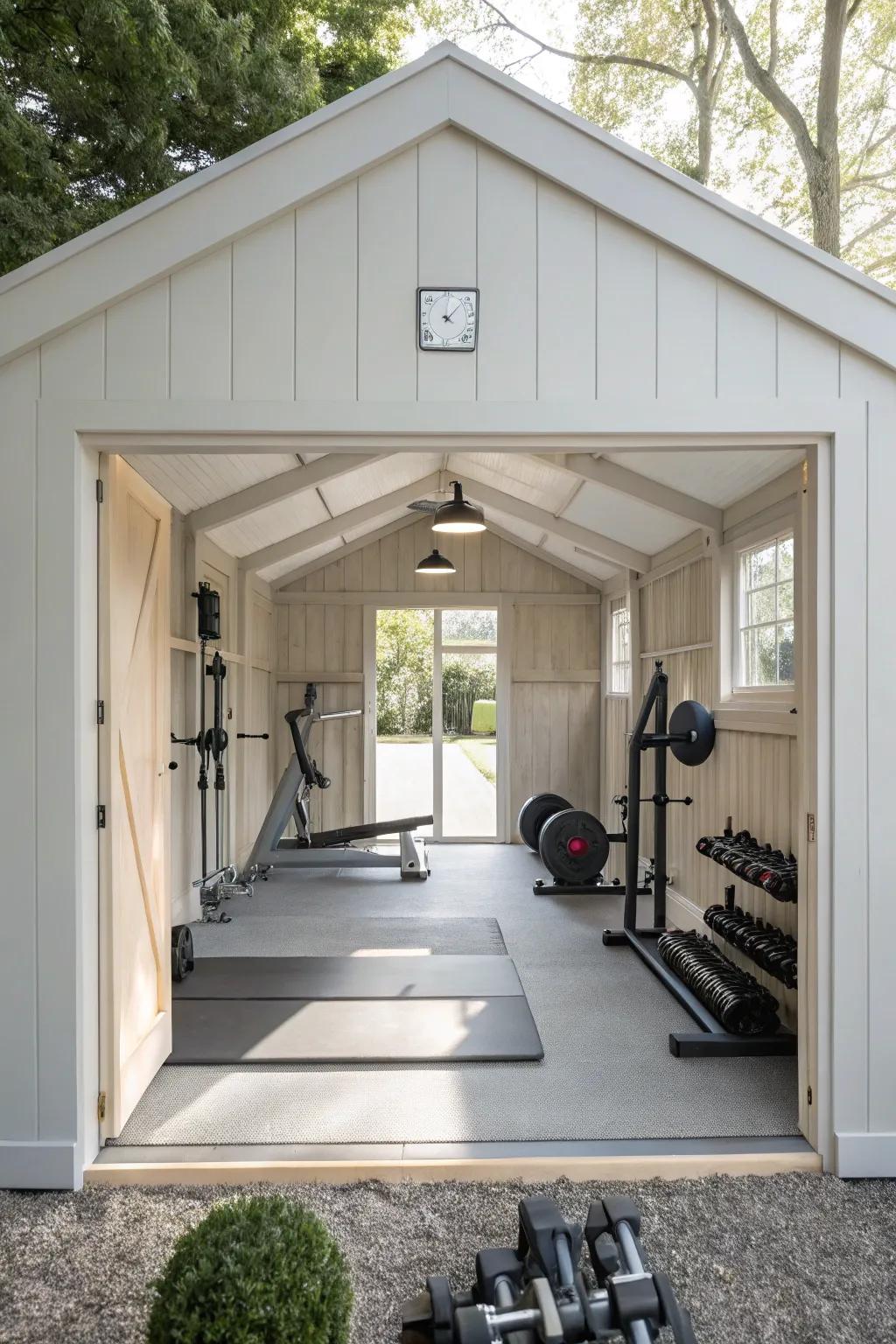 A minimalist gym shed that enhances focus and tranquility.