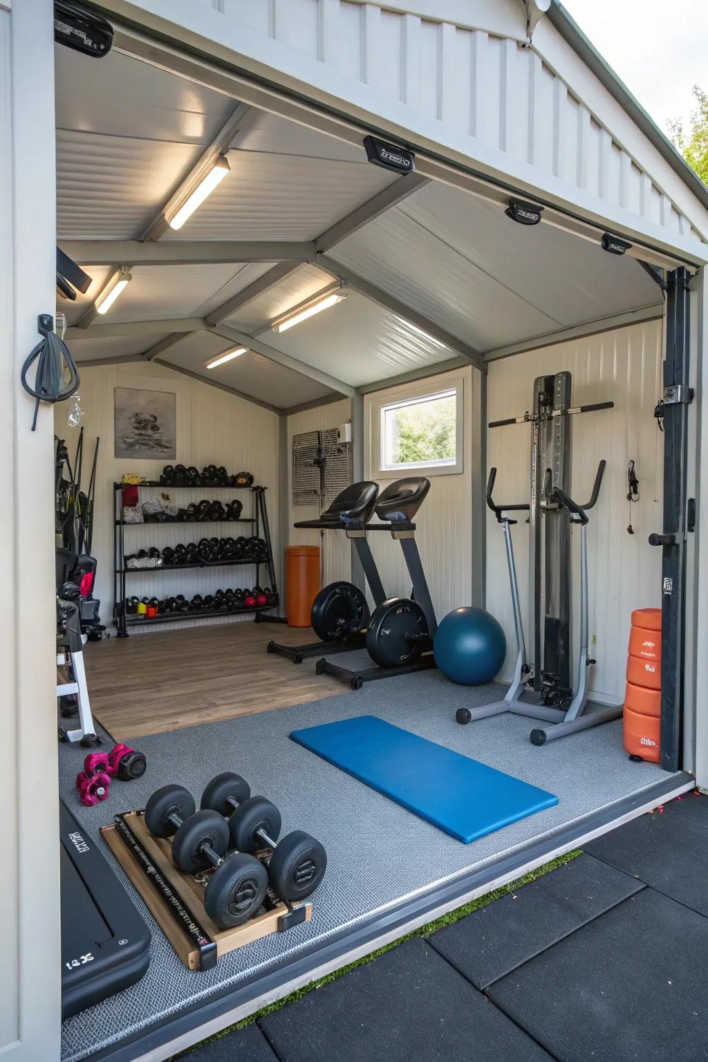 A multi-functional gym shed ready for any workout.