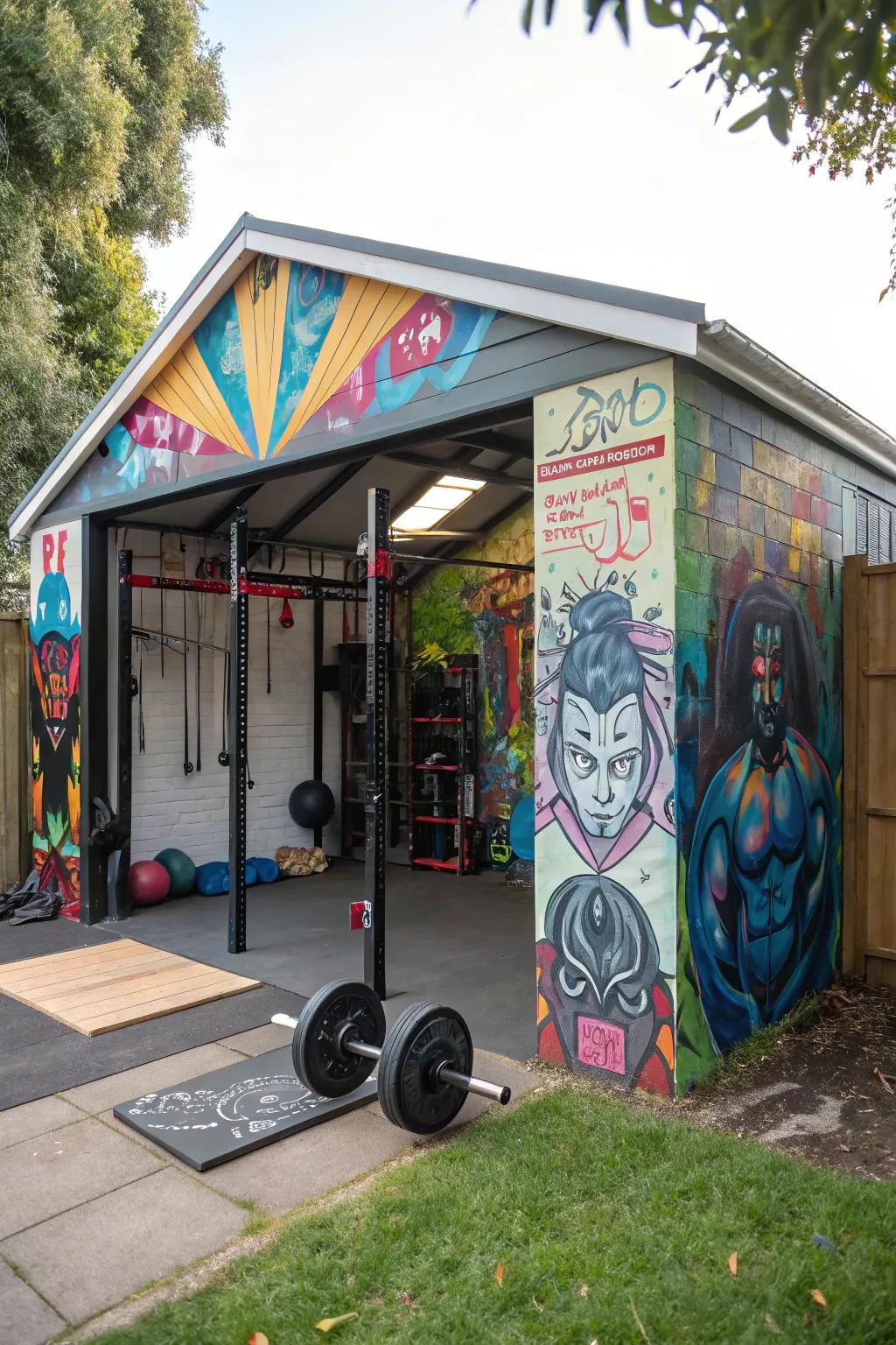 Artistic touches inspire creativity in your gym shed.