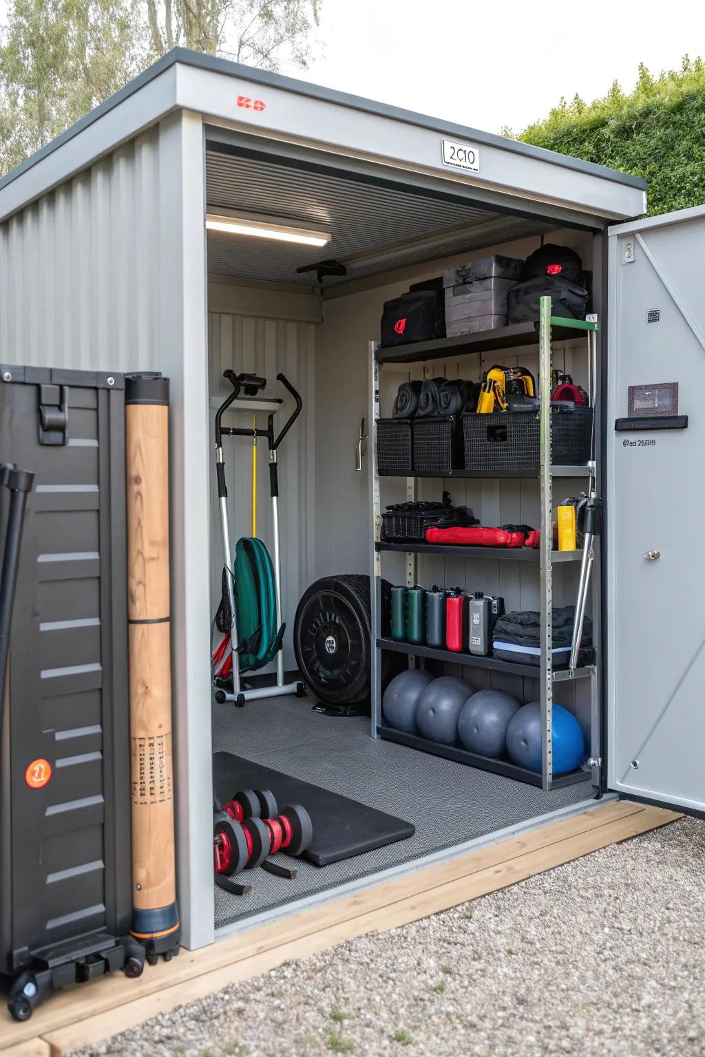 A small but mighty gym shed, maximizing space with foldable gear.