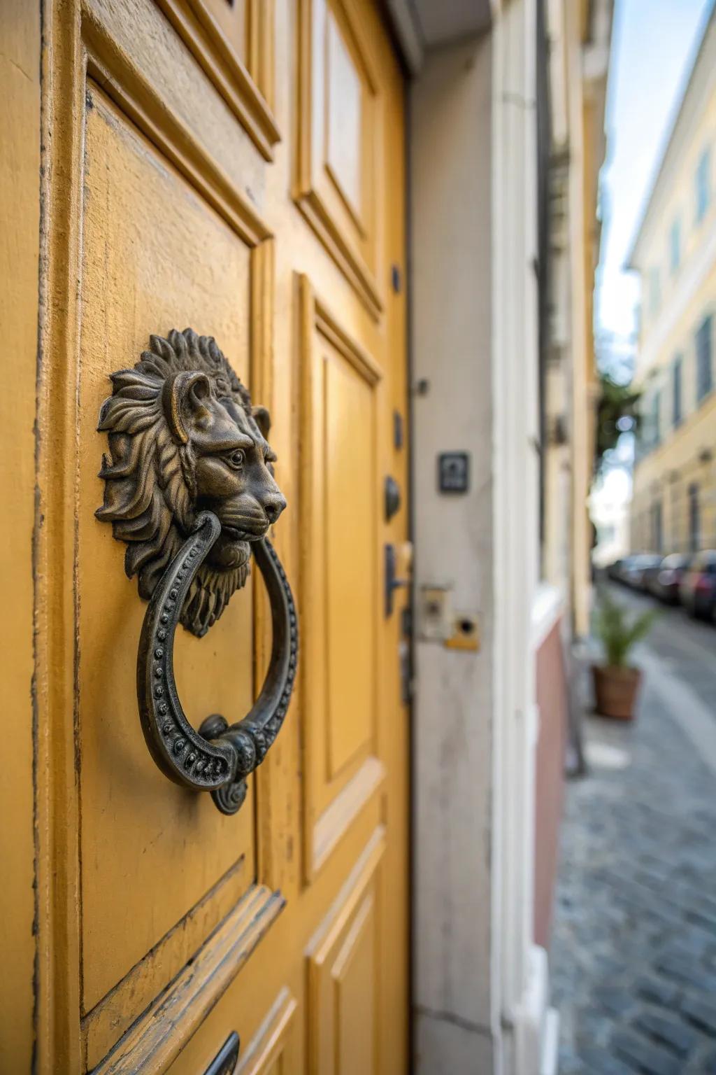 An artistic door knocker adds a unique flair to your entrance.