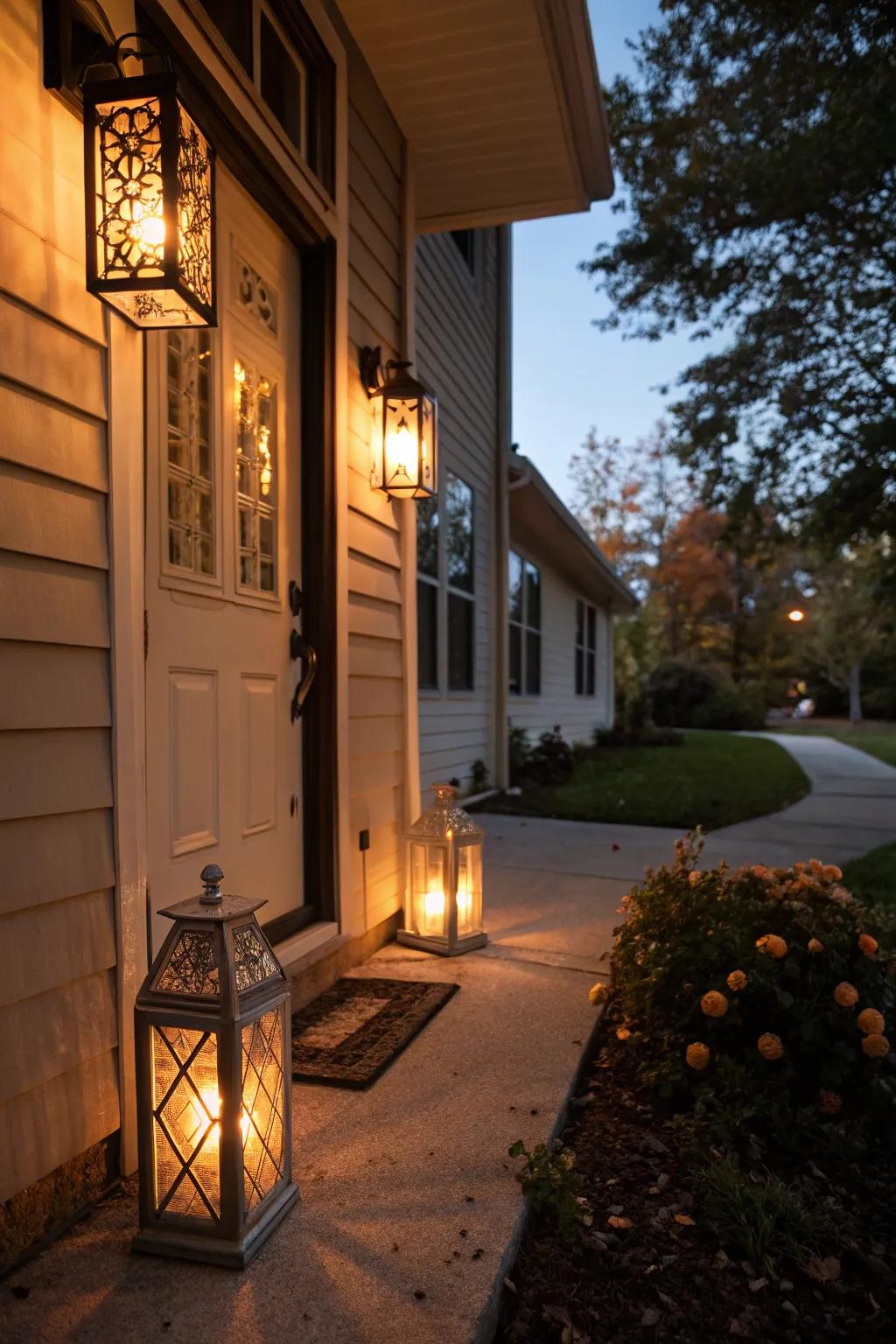 Lanterns provide a cozy glow and enhance the entrance's ambiance.
