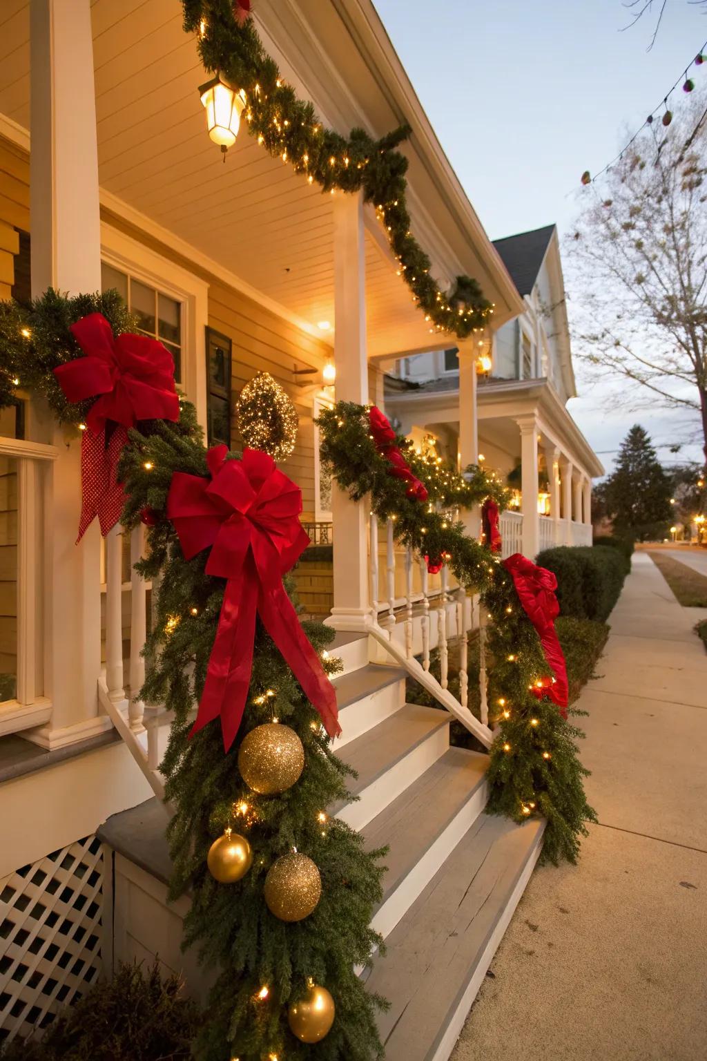 A garland with oversized bows and ornaments on a porch.