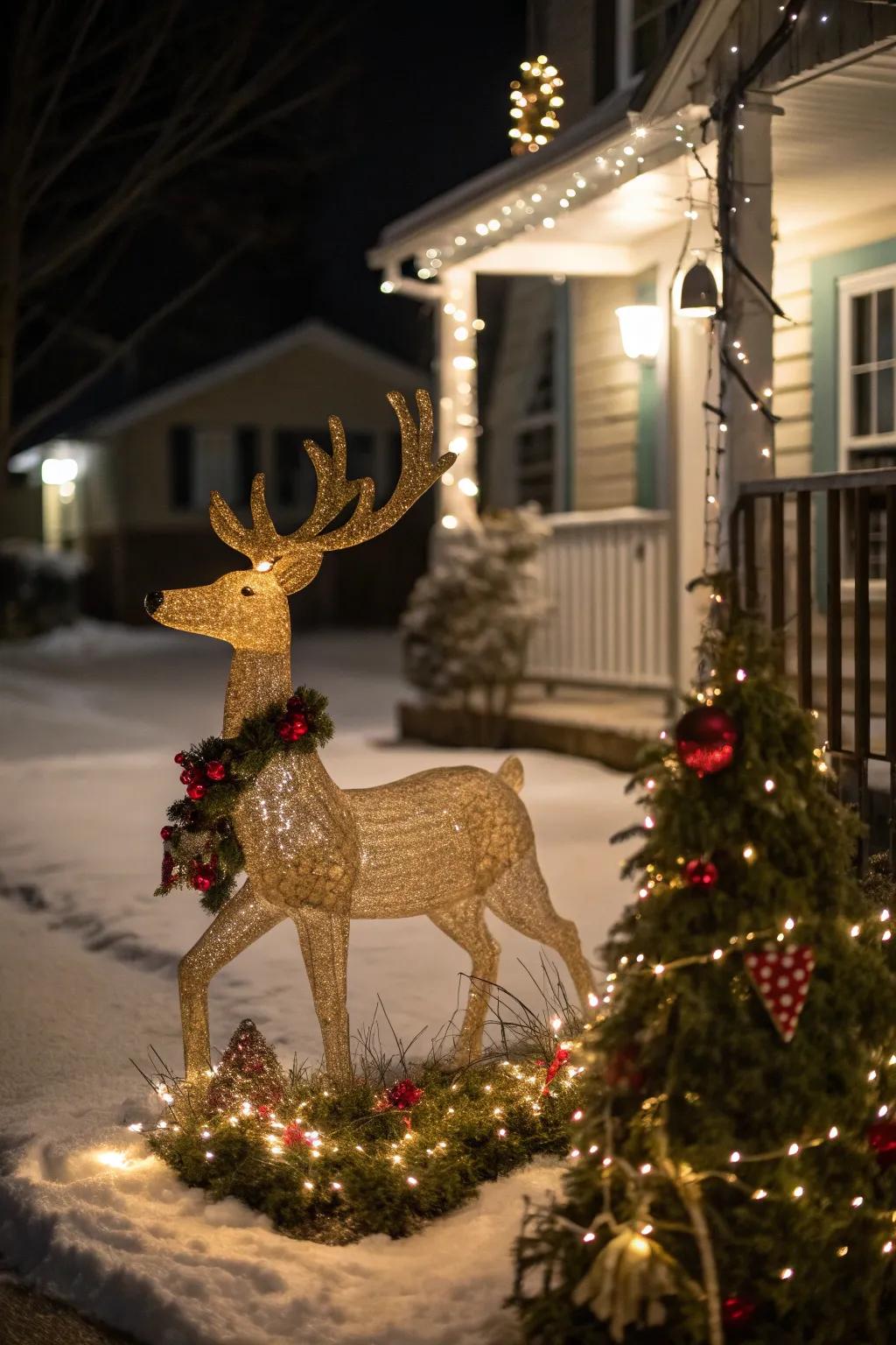 A whimsical scene with a garland and reindeer figurine.
