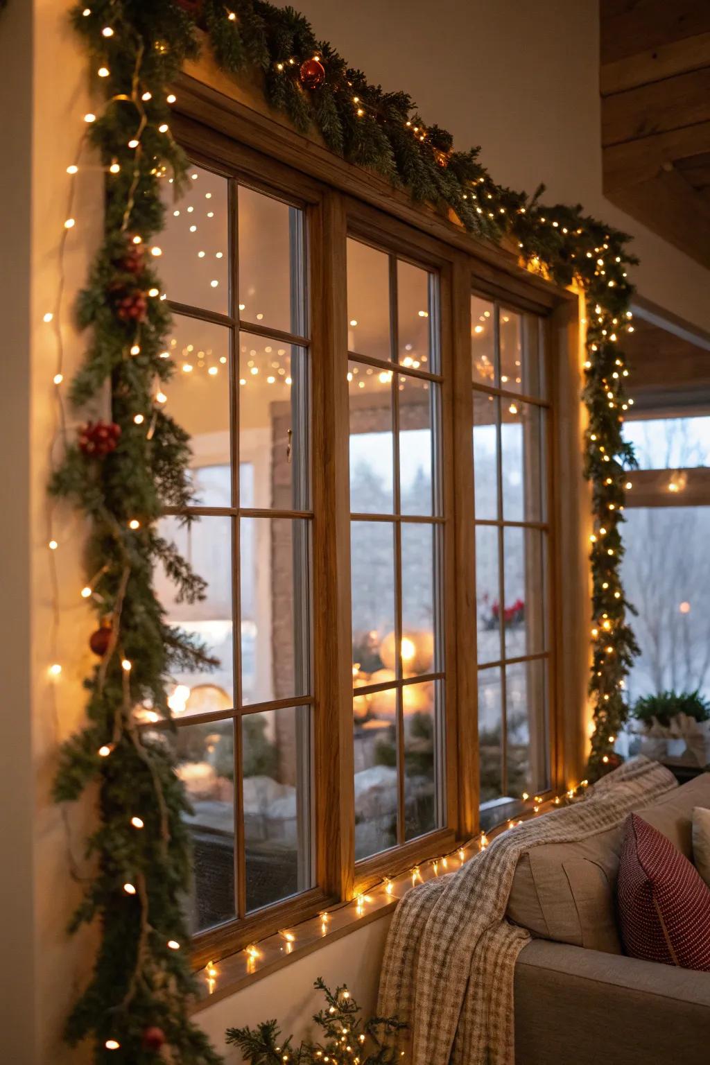 A window beautifully framed with a decorative garland.