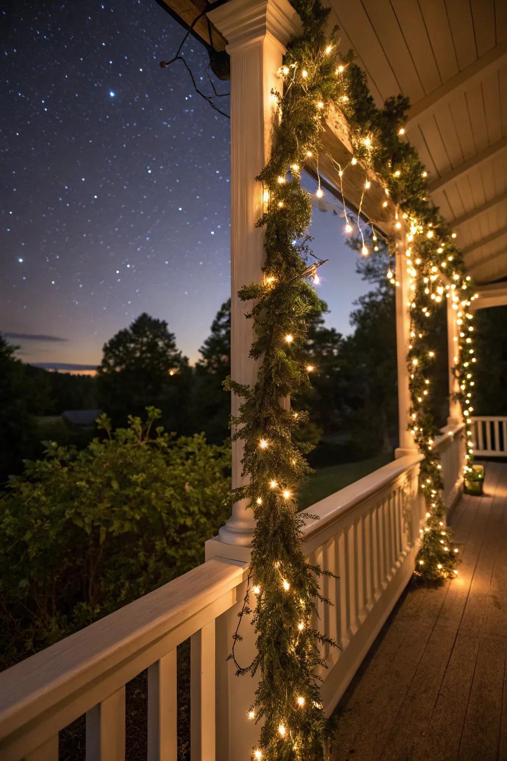 A porch railing adorned with a garland and twinkling lights.