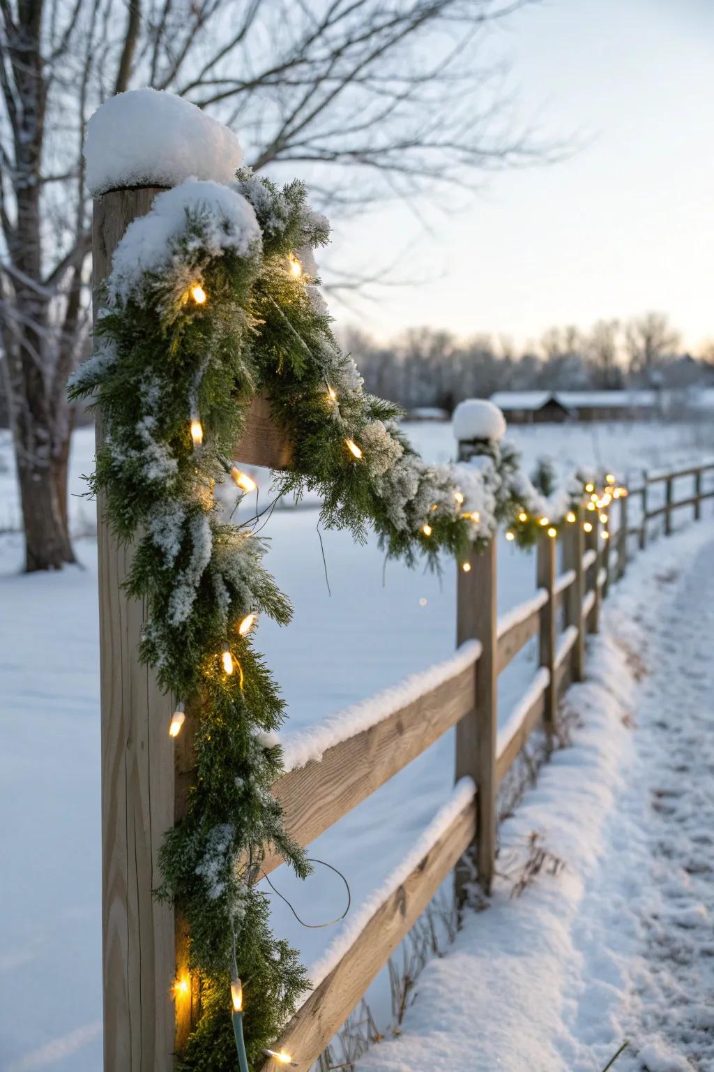 A winter wonderland garland with snow-dusted greenery.