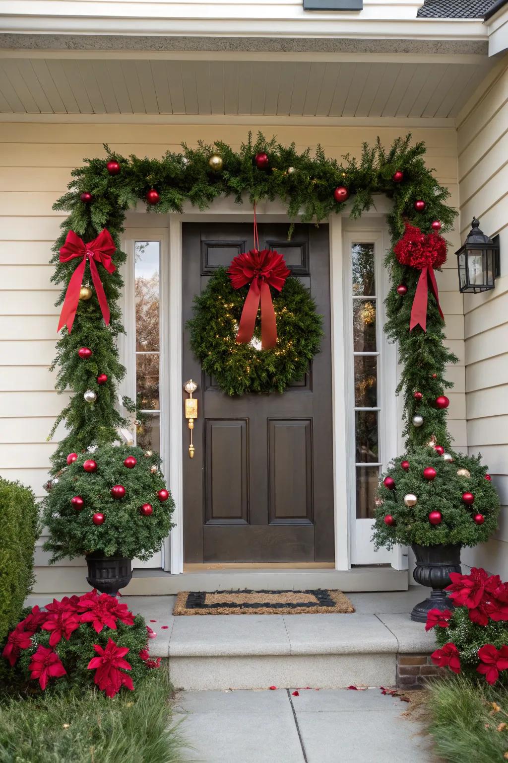 A front door elegantly framed with an evergreen garland.