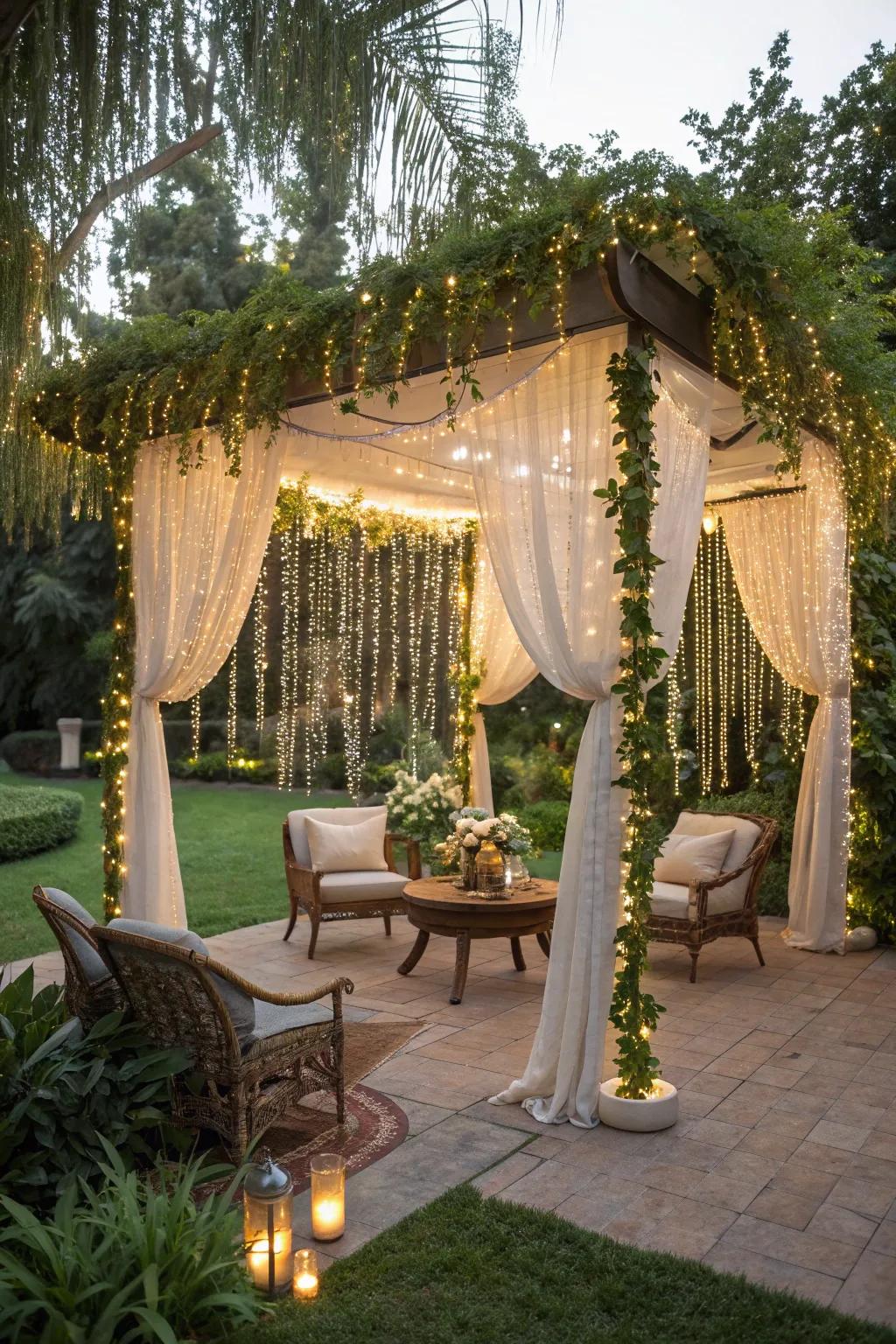 A magical festive canopy of garlands over a patio.