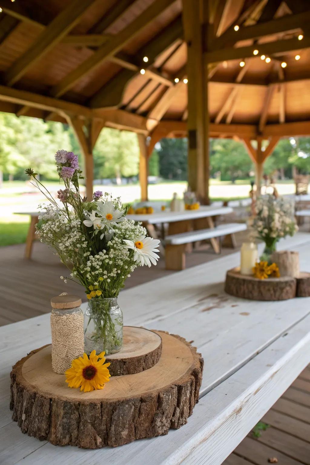 Rustic centerpieces add natural charm to your pavilion's tables.
