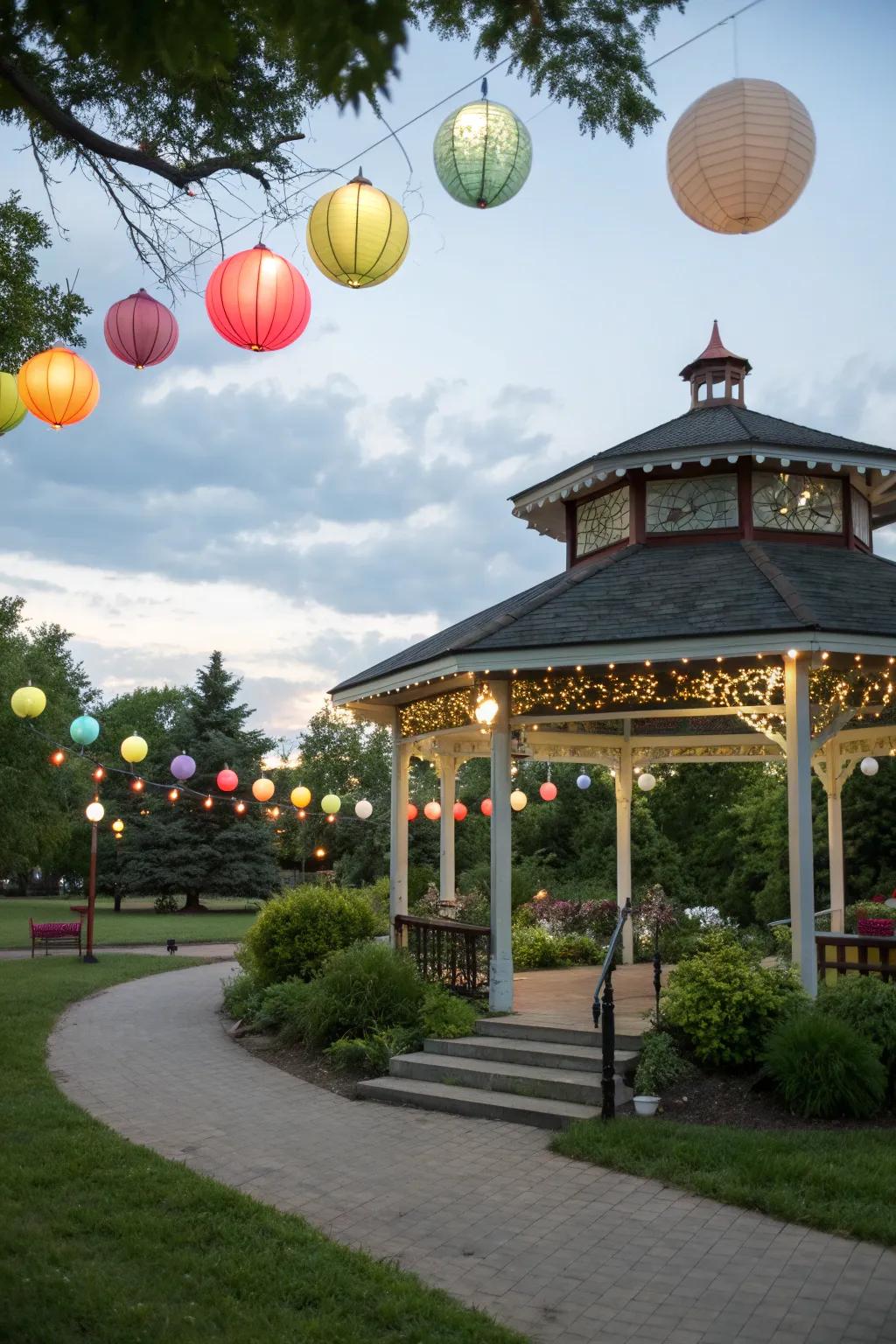 Hanging lanterns add charm and light to your pavilion.