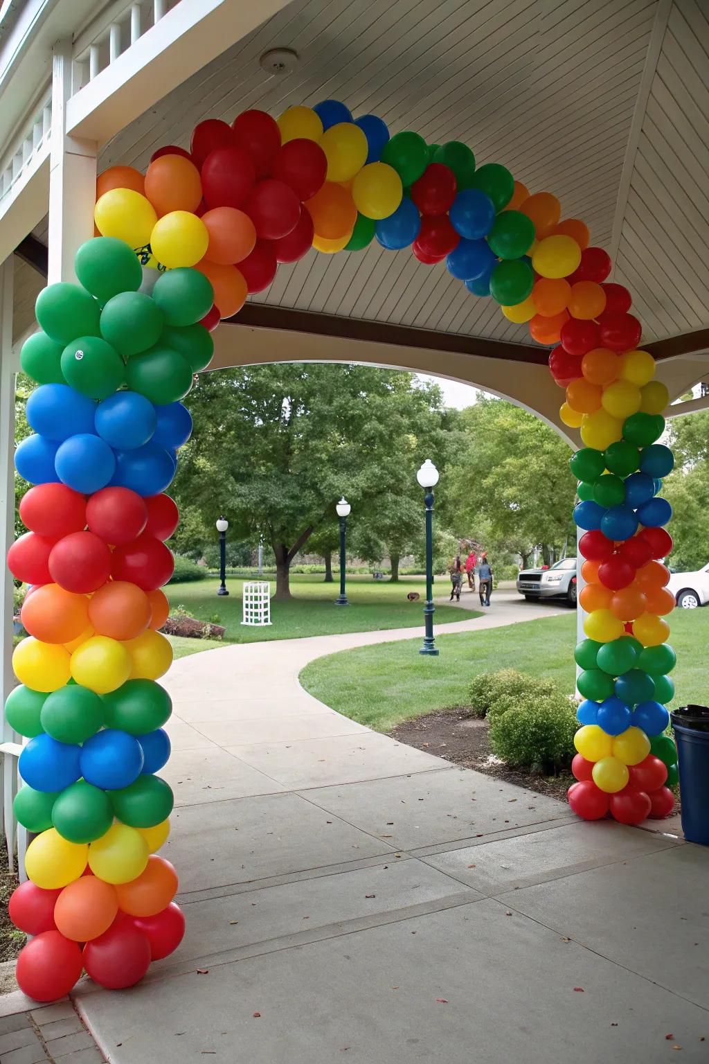 A colorful balloon arch creates a festive entrance to your park pavilion.