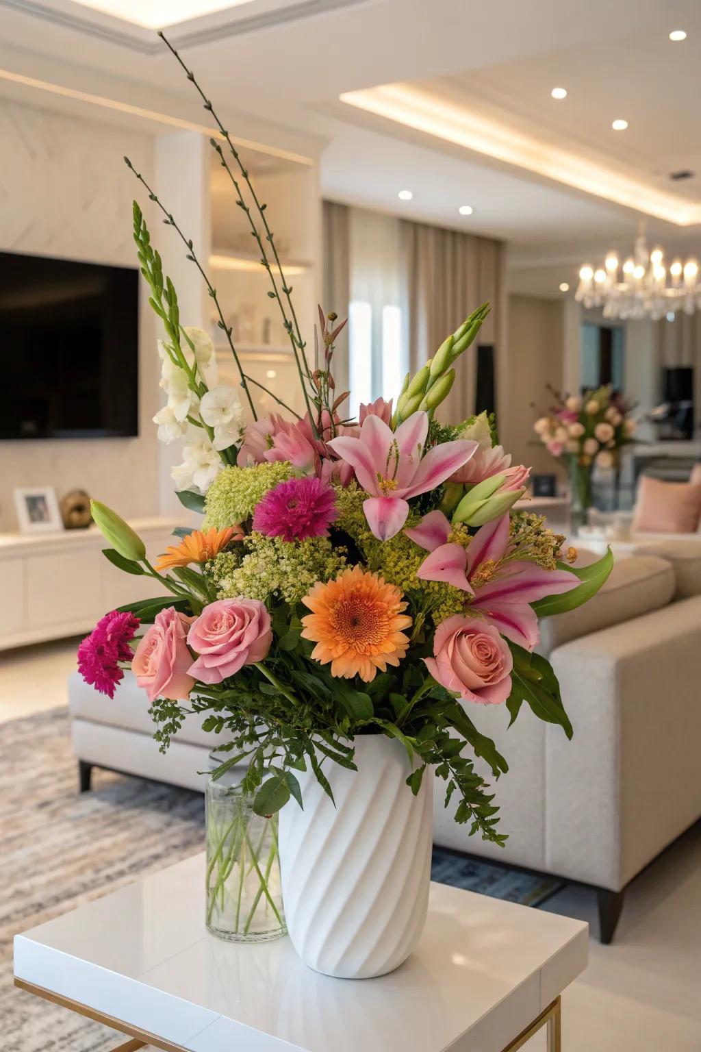 Asymmetrical arrangements add a modern edge to floral displays.