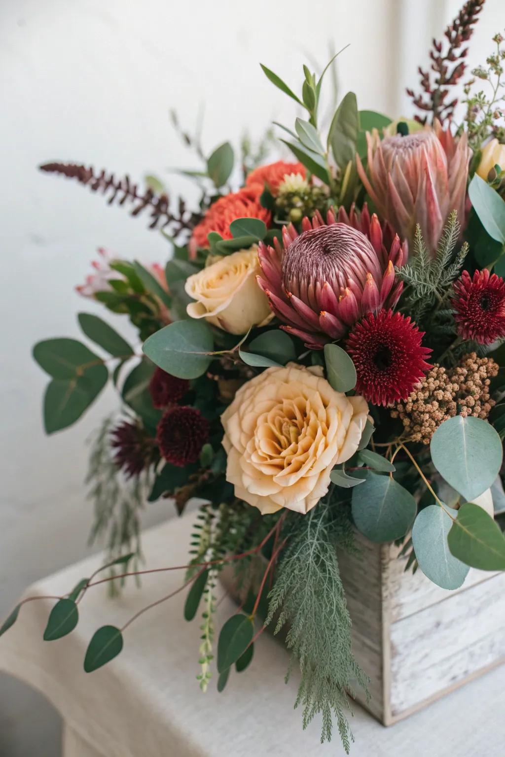 A rich, layered flower arrangement with a variety of textures.