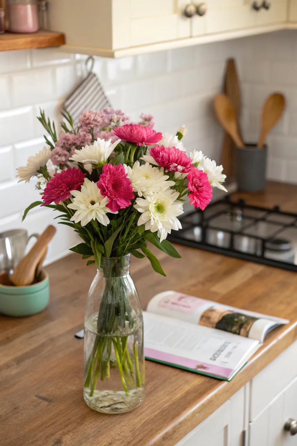 Repurposed glassware bringing modern flair to flower arrangements.