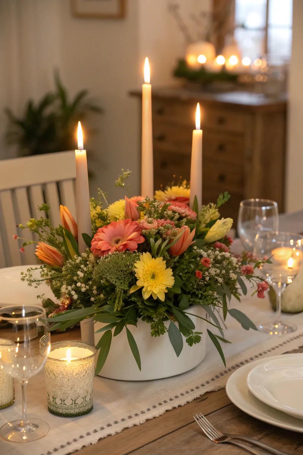 Flowers and candles creating a warm and inviting atmosphere.