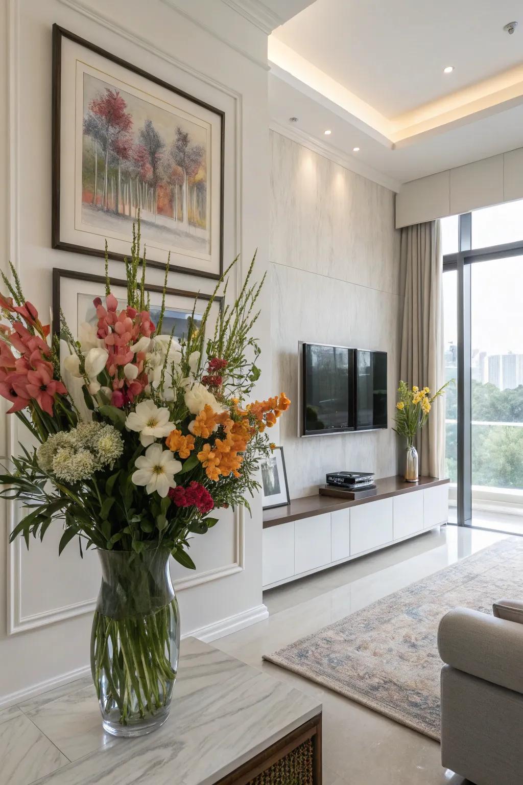A floral display that beautifully complements the surrounding art.