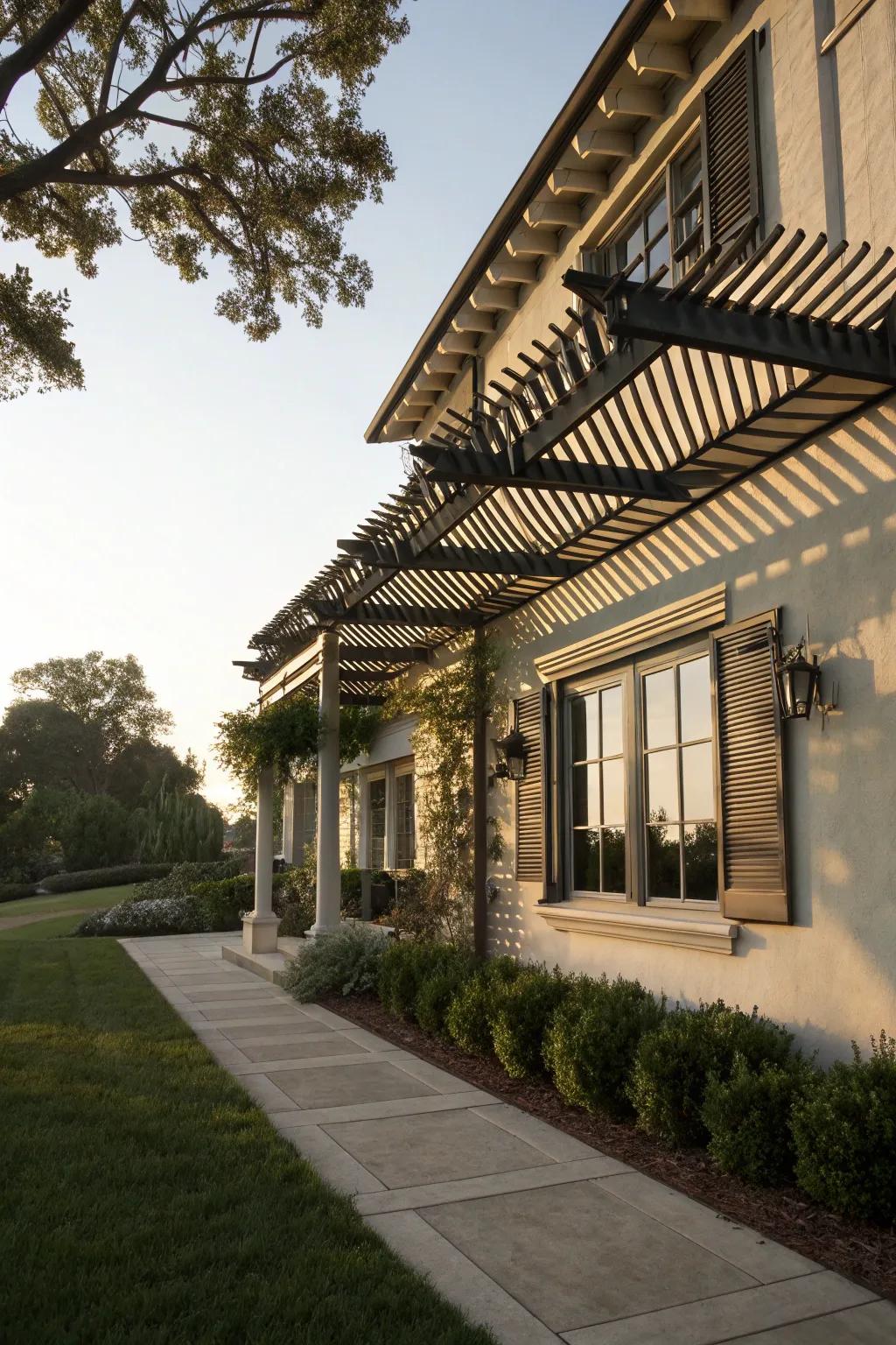 Add architectural interest with pergola-style window covers.