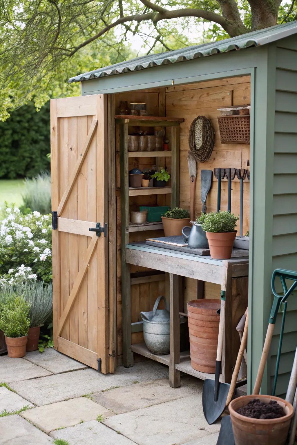 Garden shed with a versatile potting station
