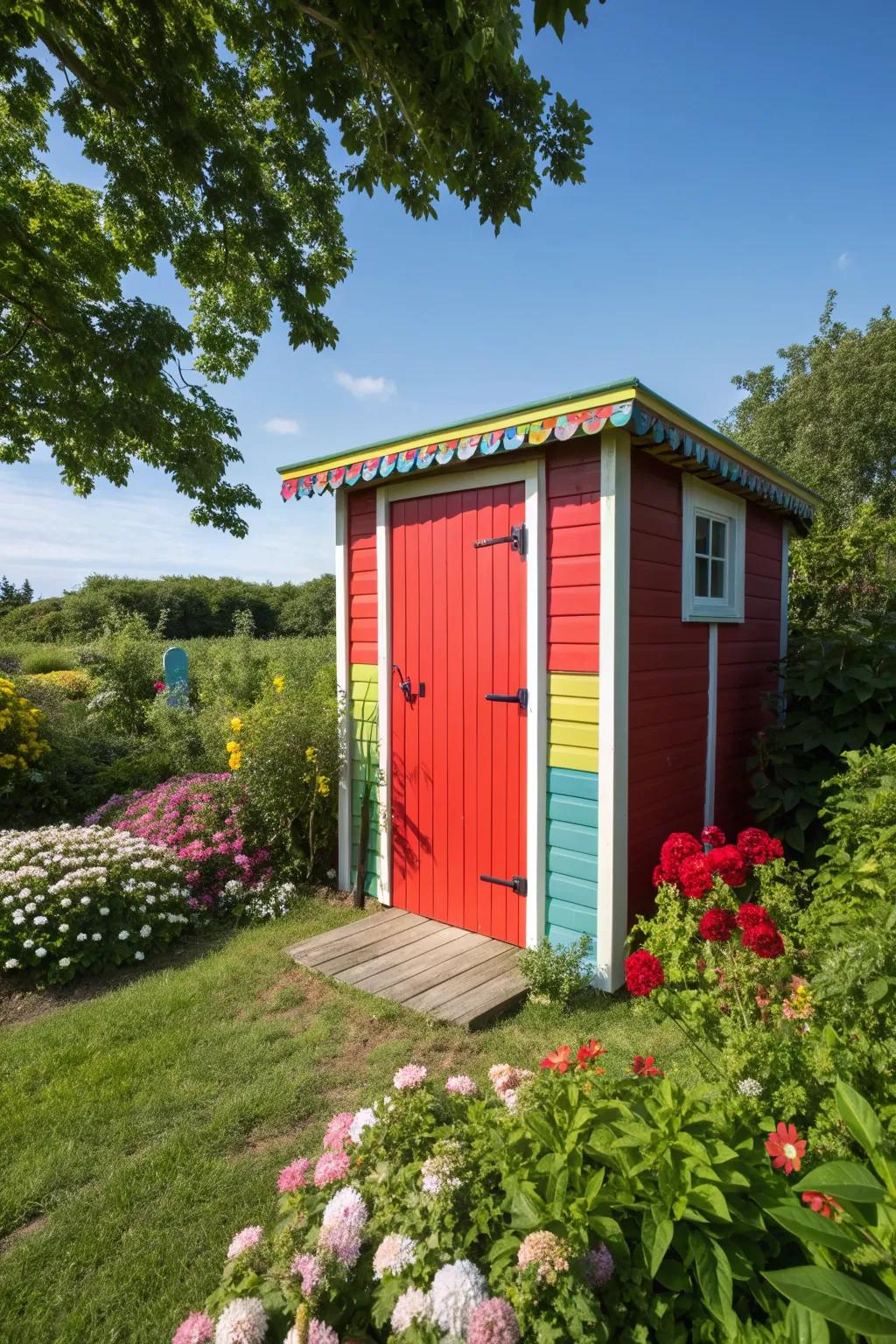 Vibrant garden shed with a pop of color