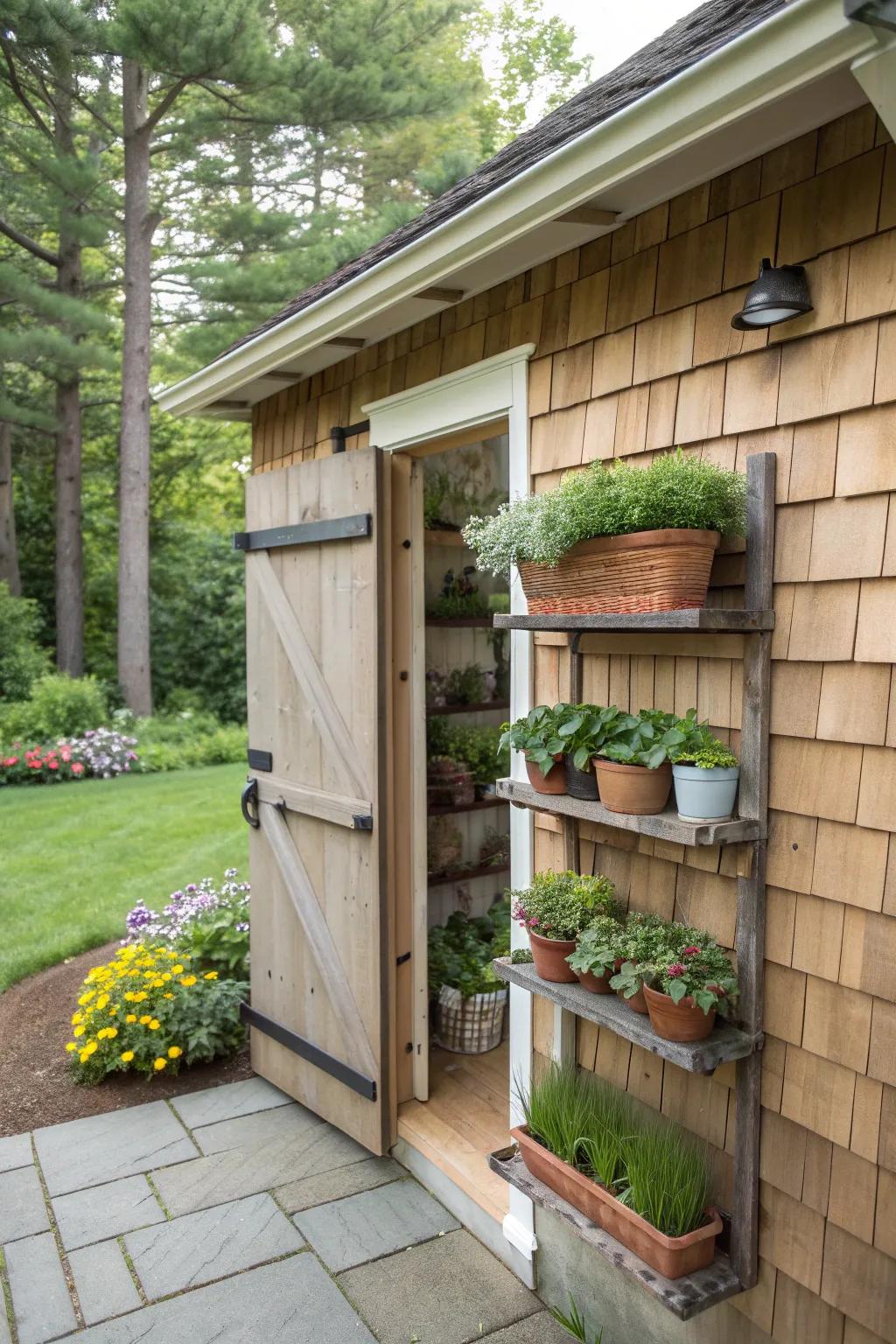 Garden shed with modern floating shelves for plants