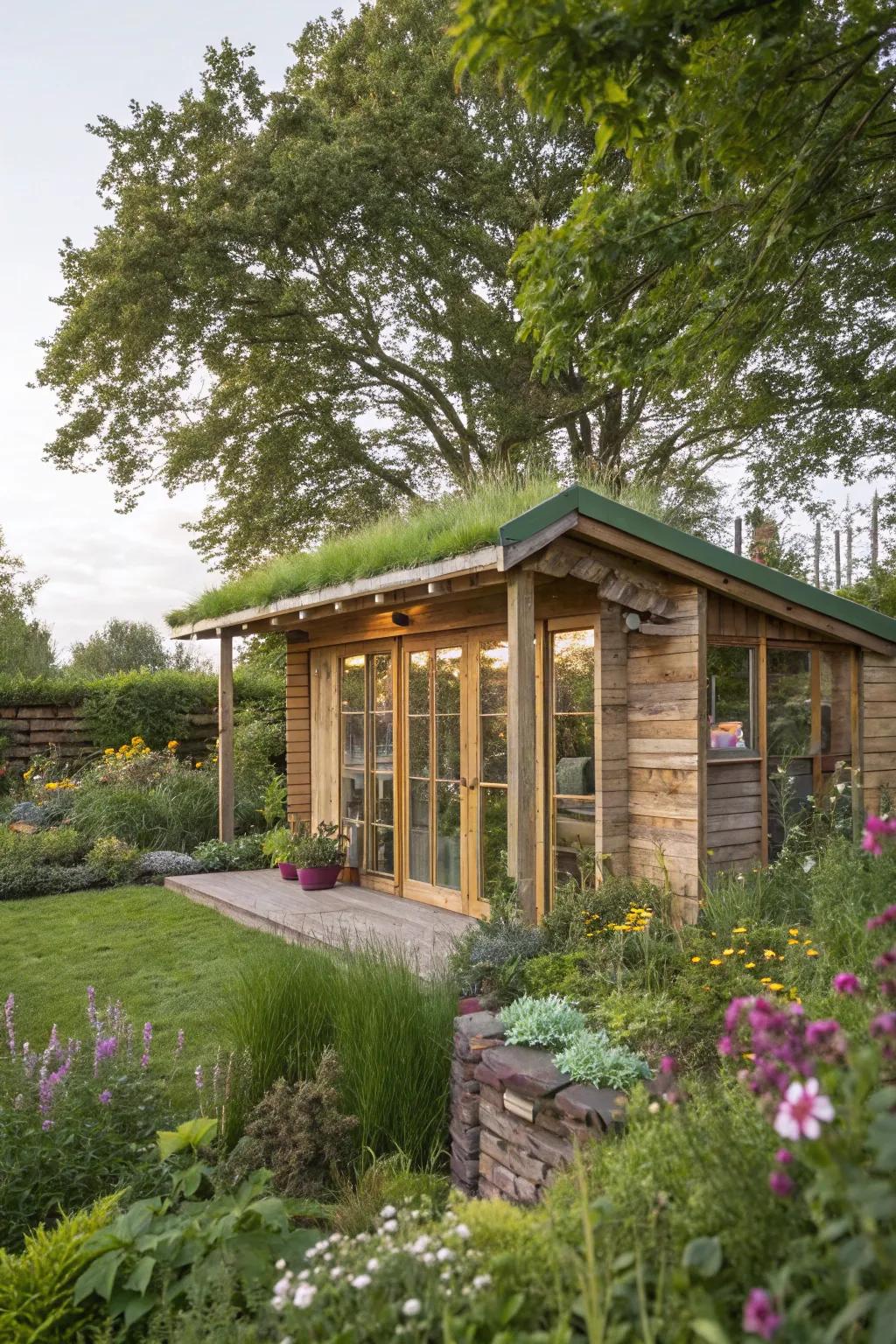 Eco-friendly garden shed with a lush green roof