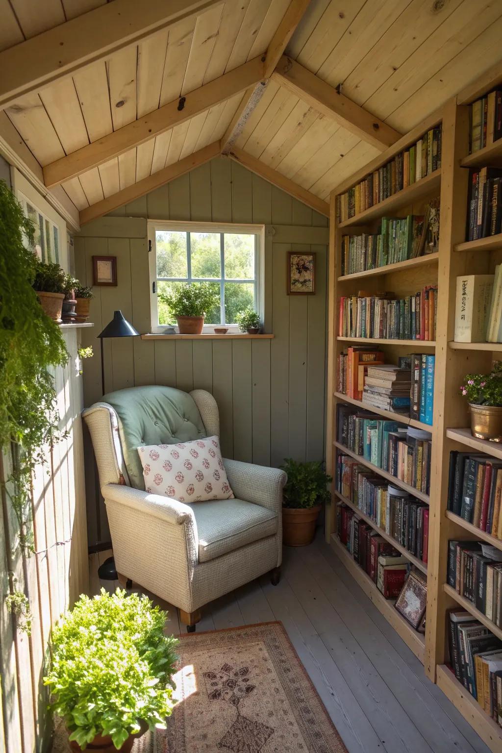 Secret reading nook inside a garden shed
