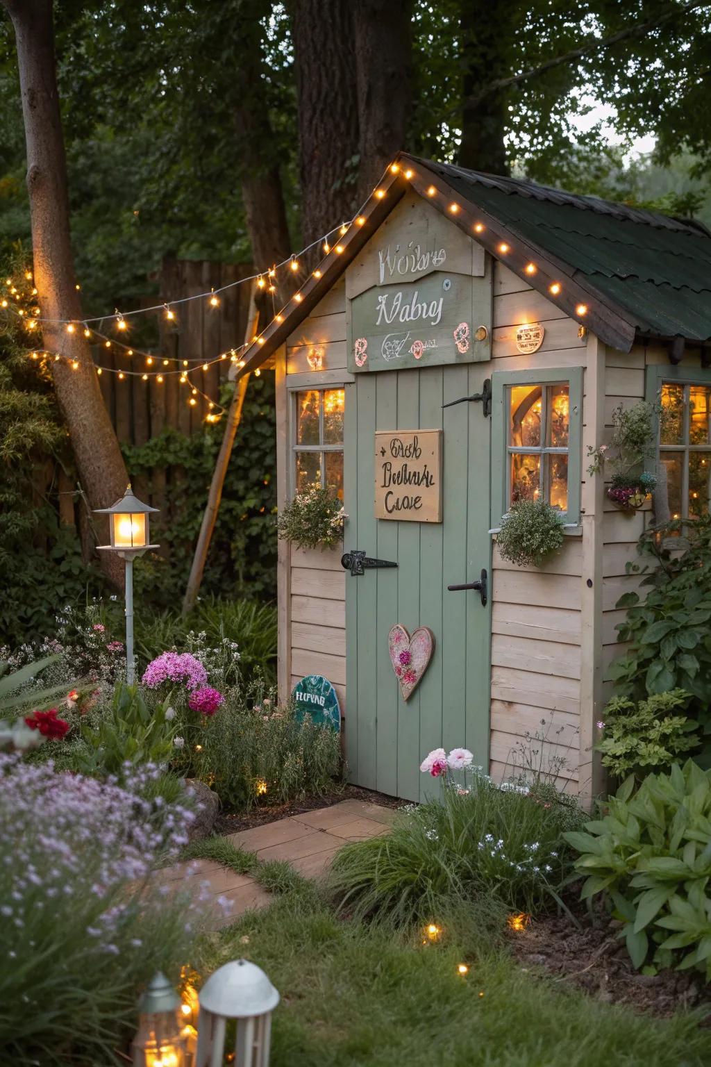 Whimsical garden shed with fairy tale decorations