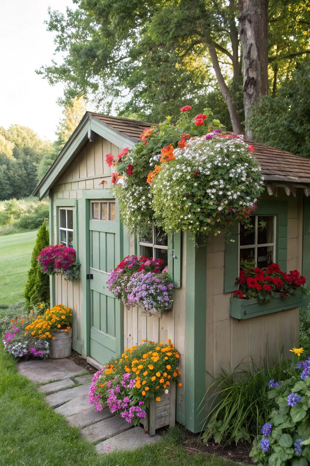 Shed with vibrant window boxes full of flowers