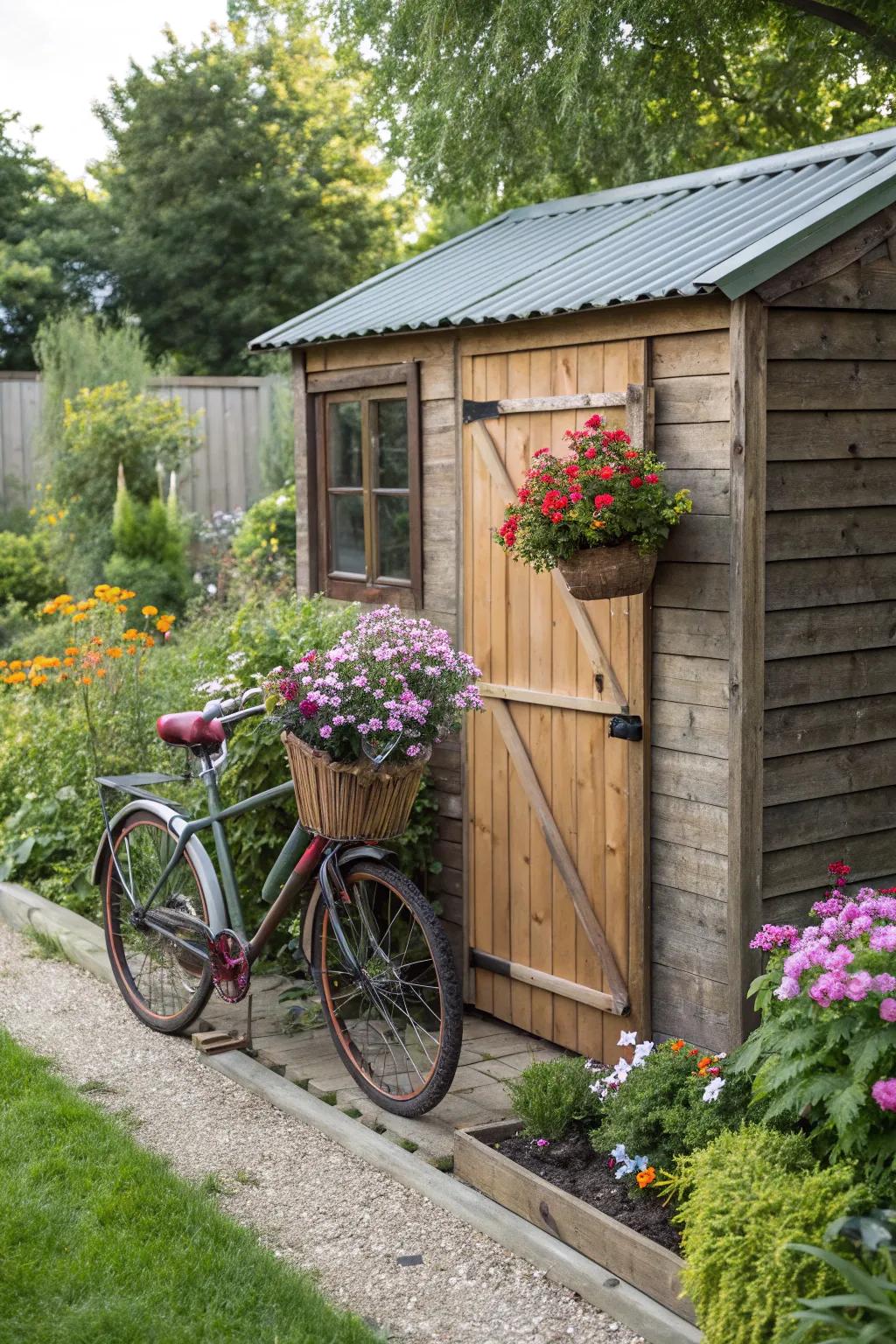 Garden shed adorned with a vintage bicycle planter