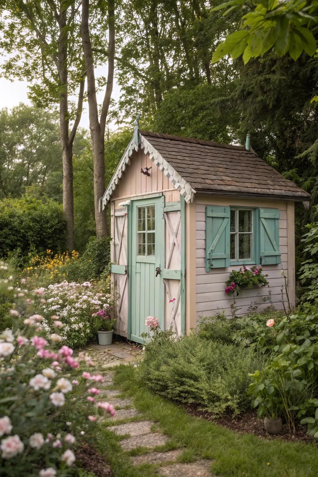 Pastel cottage-style garden shed with charming shutters