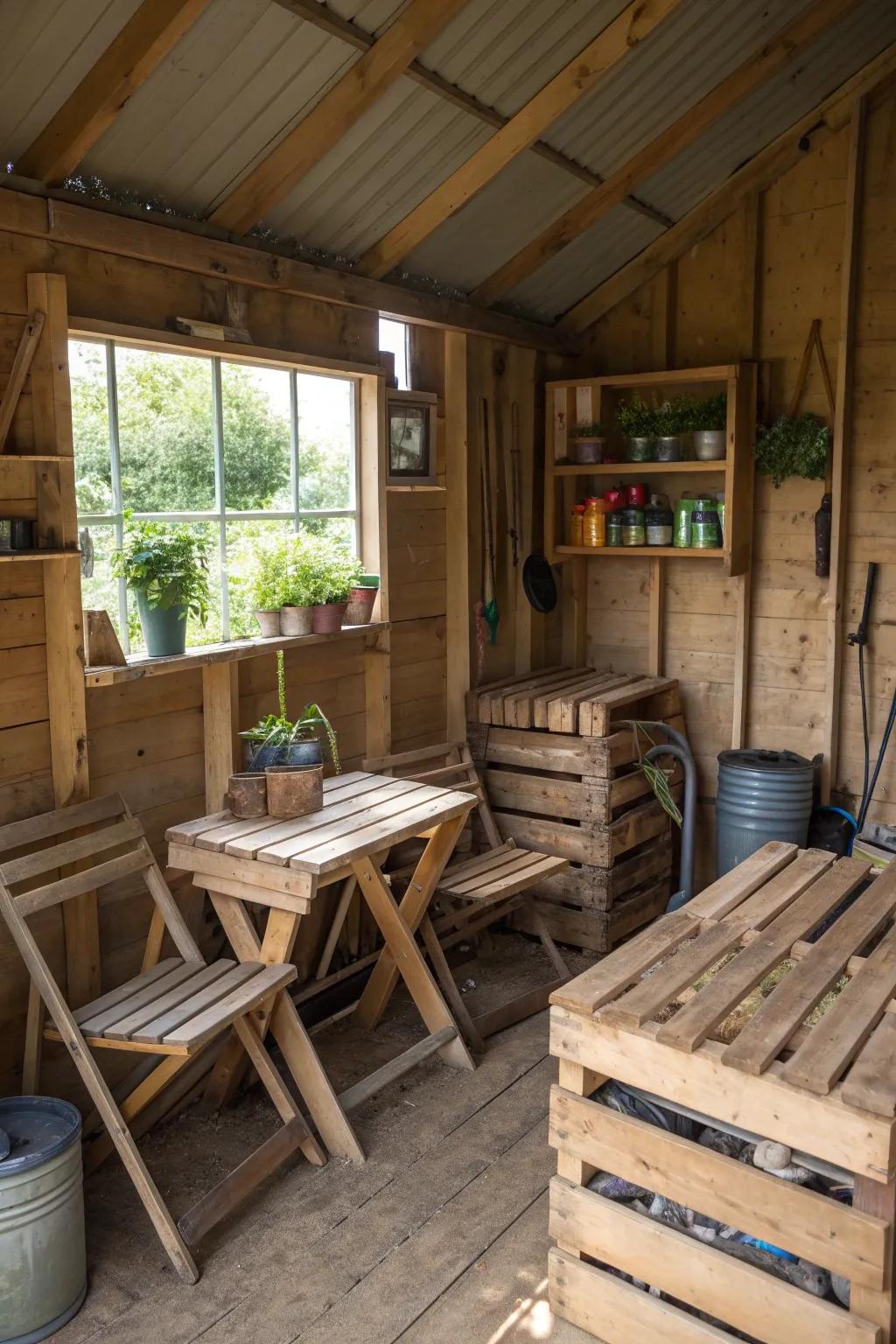 Garden shed featuring rustic pallet furniture