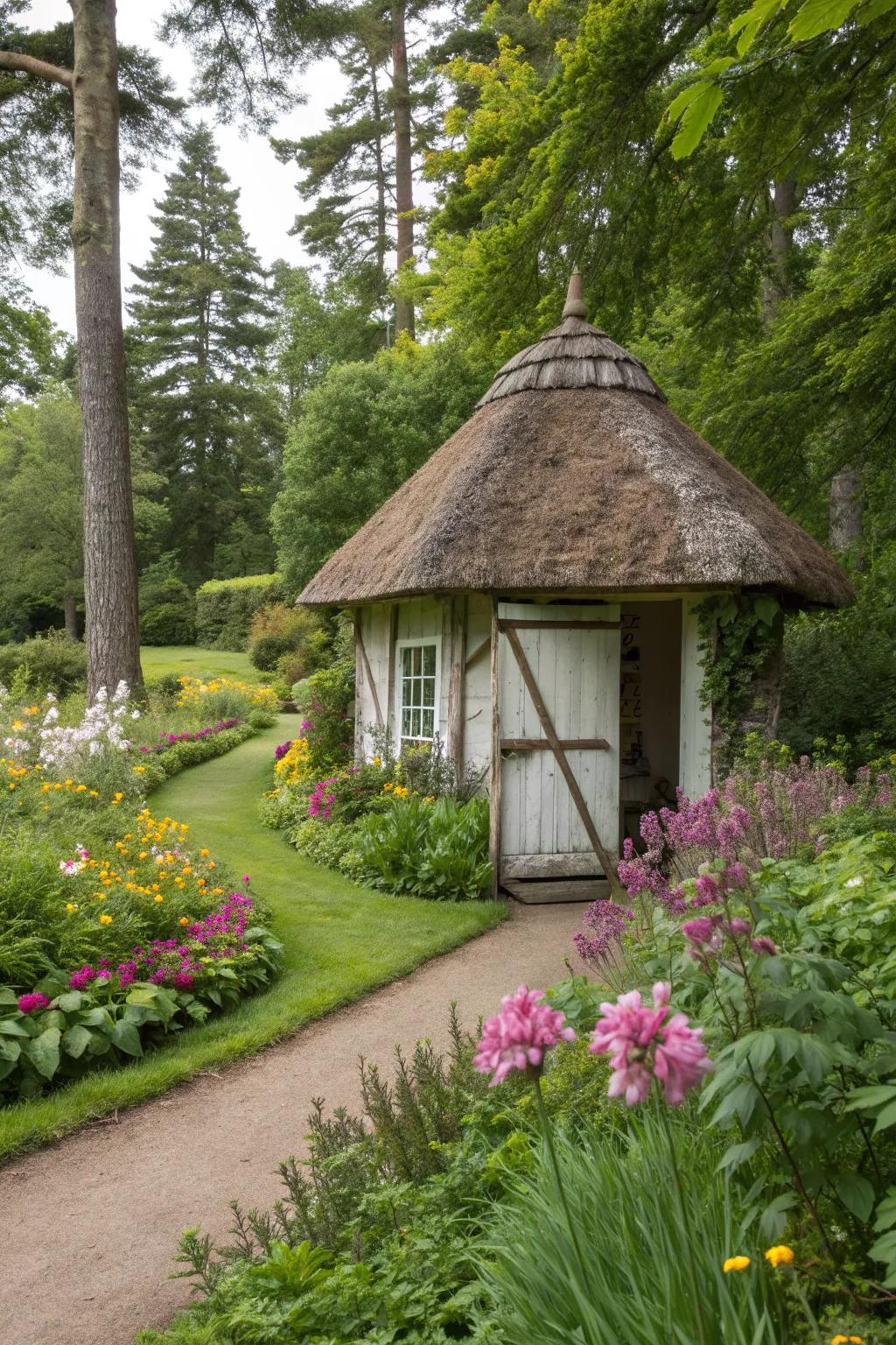 Garden shed with a charming thatched roof