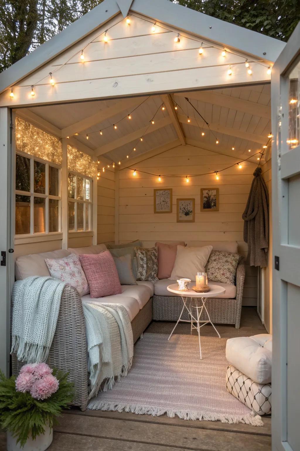 She-shed sanctuary with seating and ambient lighting