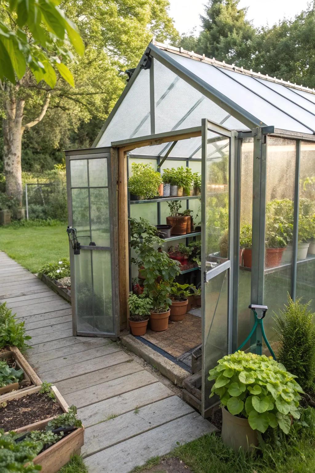Mini greenhouse shed with plants basking in sunlight