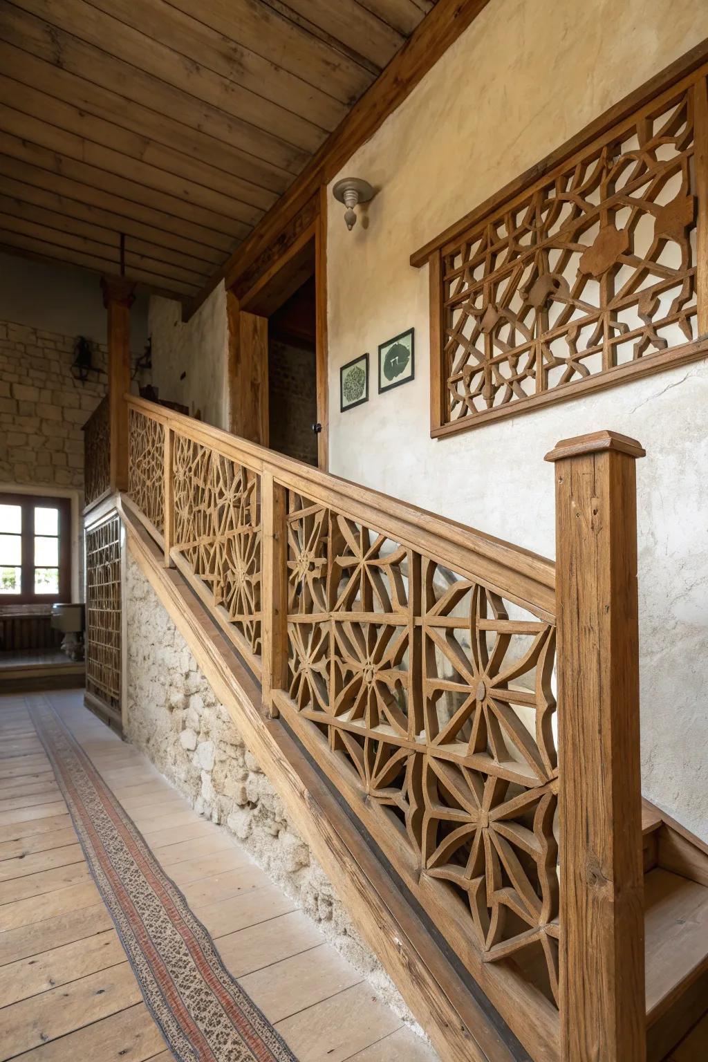 Geometric patterns in wood railings add modern flair to rustic spaces.